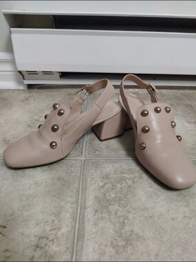 Leather Blush Studded Slingback Block Heel Shoes
